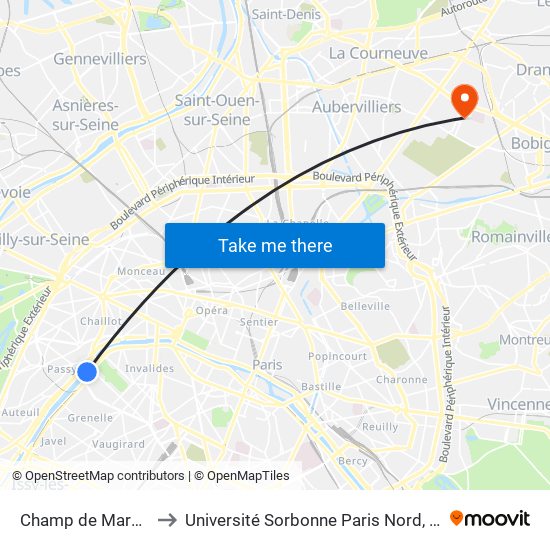 Champ de Mars Tour Eiffel to Université Sorbonne Paris Nord, Campus de Bobigny map