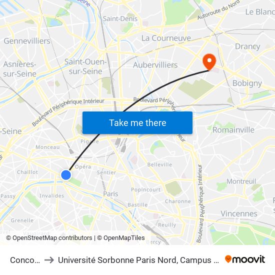 Concorde to Université Sorbonne Paris Nord, Campus de Bobigny map