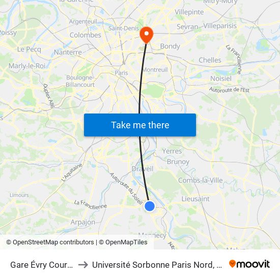 Gare Évry Courcouronnes to Université Sorbonne Paris Nord, Campus de Bobigny map