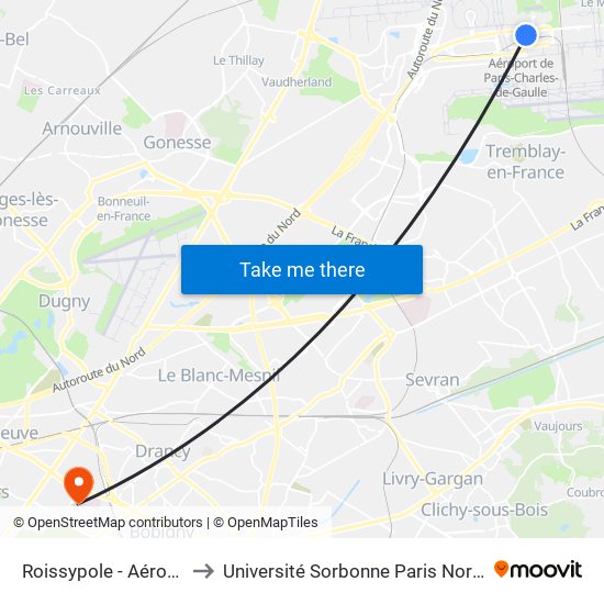 Roissypole - Aéroport Cdg1 (D3) to Université Sorbonne Paris Nord, Campus de Bobigny map