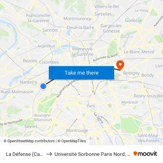 La Défense (Calder - Miro) to Université Sorbonne Paris Nord, Campus de Bobigny map