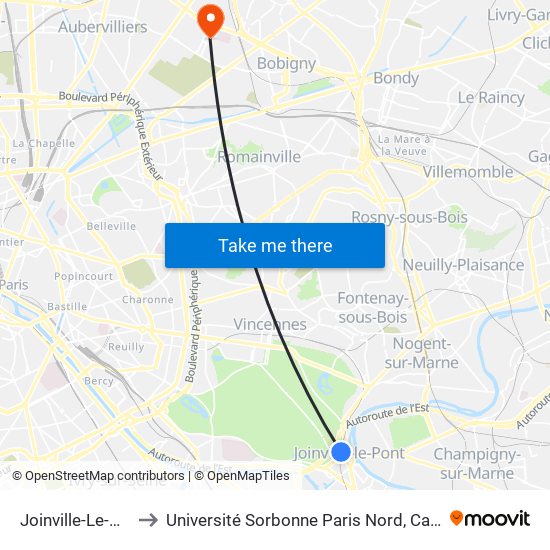 Joinville-Le-Pont RER to Université Sorbonne Paris Nord, Campus de Bobigny map
