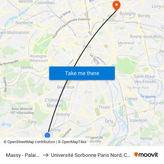 Massy - Palaiseau RER to Université Sorbonne Paris Nord, Campus de Bobigny map