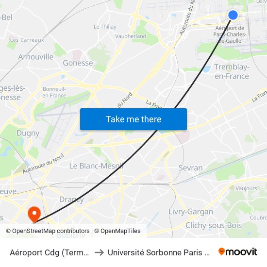 Aéroport Cdg (Terminal 3 – Roissypôle) to Université Sorbonne Paris Nord, Campus de Bobigny map