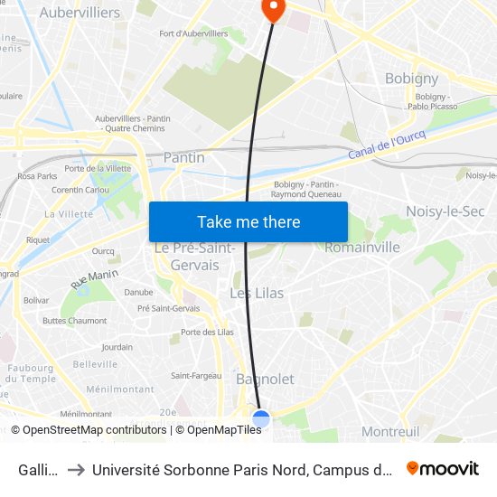 Gallieni to Université Sorbonne Paris Nord, Campus de Bobigny map