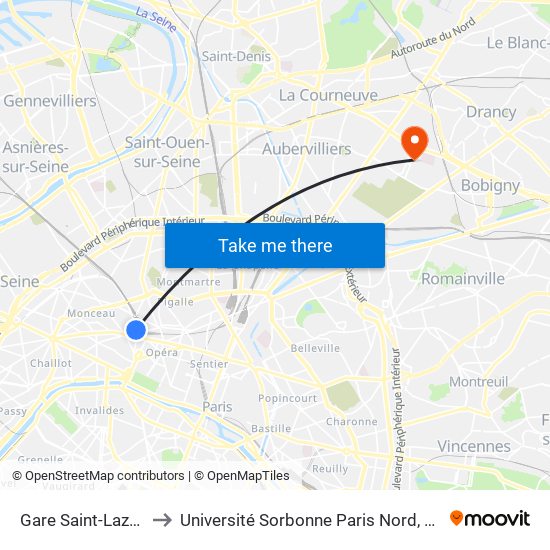 Gare Saint-Lazare - Rome to Université Sorbonne Paris Nord, Campus de Bobigny map