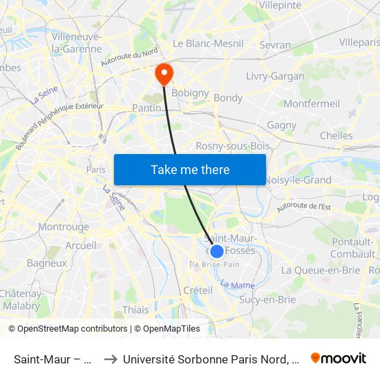 Saint-Maur – Créteil RER to Université Sorbonne Paris Nord, Campus de Bobigny map