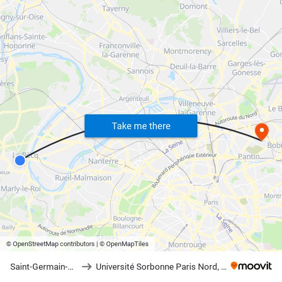 Saint-Germain-En-Laye RER to Université Sorbonne Paris Nord, Campus de Bobigny map