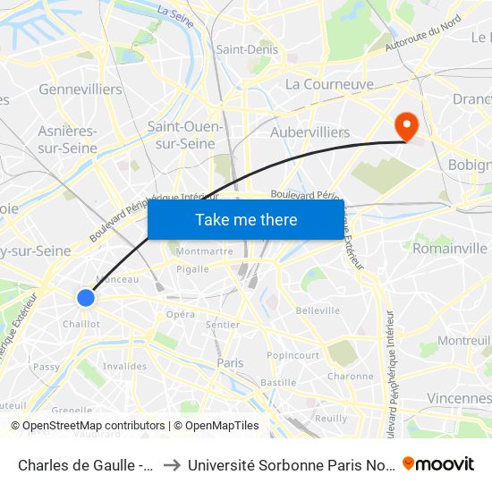 Charles de Gaulle - Étoile - Wagram to Université Sorbonne Paris Nord, Campus de Bobigny map