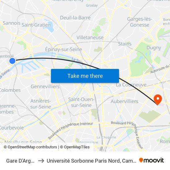 Gare D'Argenteuil to Université Sorbonne Paris Nord, Campus de Bobigny map