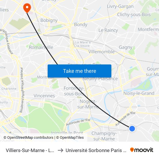 Villiers-Sur-Marne - Le Plessis-Trévise RER to Université Sorbonne Paris Nord, Campus de Bobigny map