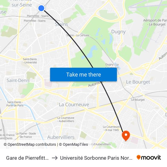 Gare de Pierrefitte - Stains RER to Université Sorbonne Paris Nord, Campus de Bobigny map
