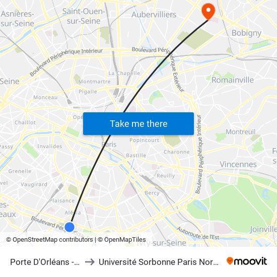 Porte D'Orléans - Ernest Reyer to Université Sorbonne Paris Nord, Campus de Bobigny map