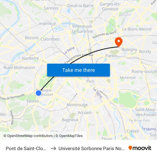 Pont de Saint-Cloud - Albert Kahn to Université Sorbonne Paris Nord, Campus de Bobigny map