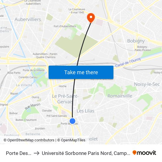 Porte Des Lilas to Université Sorbonne Paris Nord, Campus de Bobigny map