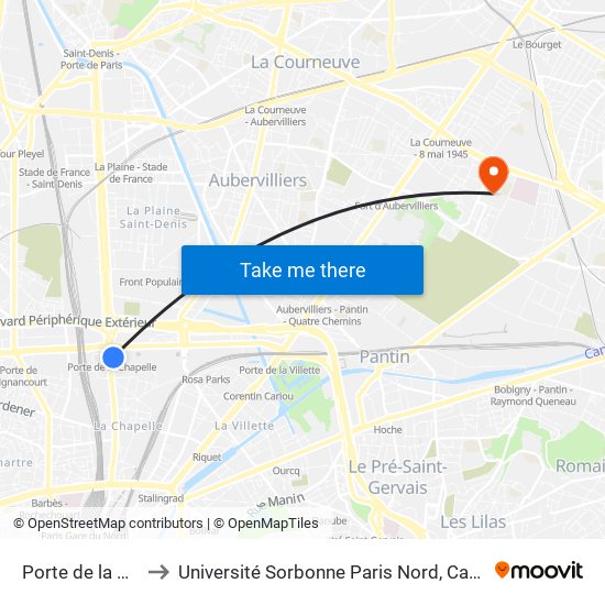 Porte de la Chapelle to Université Sorbonne Paris Nord, Campus de Bobigny map