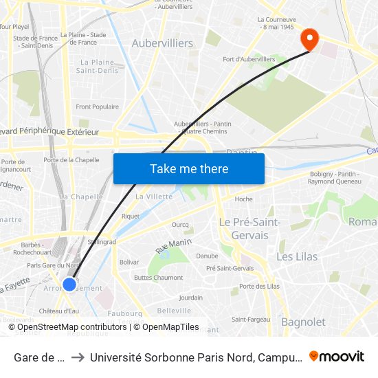 Gare de L'Est to Université Sorbonne Paris Nord, Campus de Bobigny map