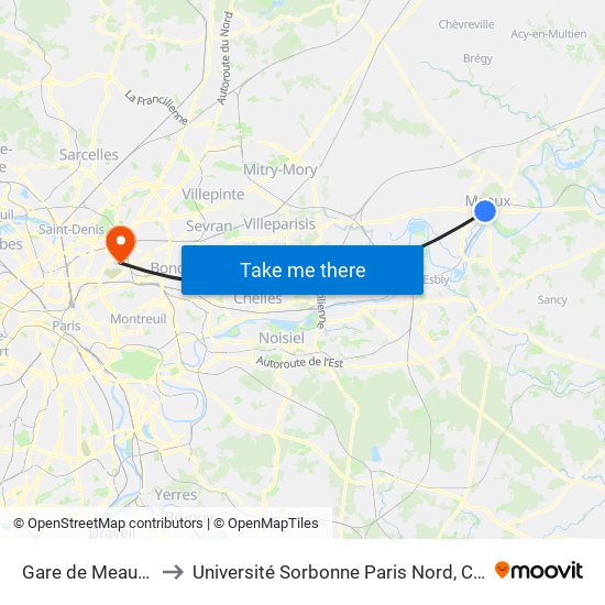 Gare de Meaux (Quai D) to Université Sorbonne Paris Nord, Campus de Bobigny map
