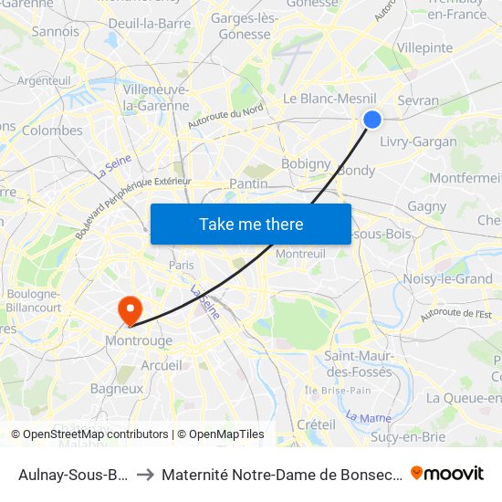Aulnay-Sous-Bois to Maternité Notre-Dame de Bonsecours map