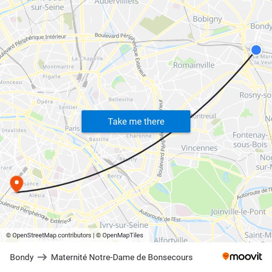 Bondy to Maternité Notre-Dame de Bonsecours map