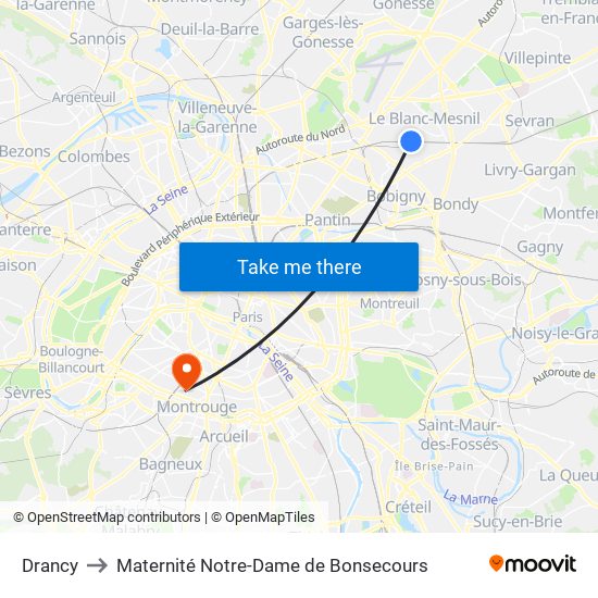 Drancy to Maternité Notre-Dame de Bonsecours map