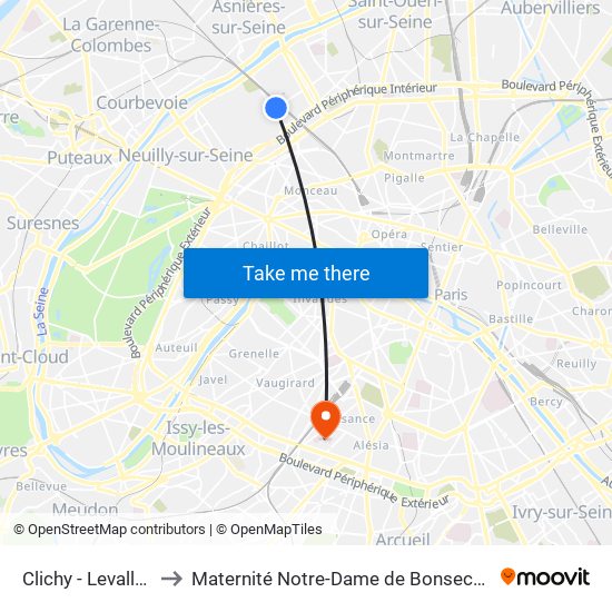 Clichy - Levallois to Maternité Notre-Dame de Bonsecours map