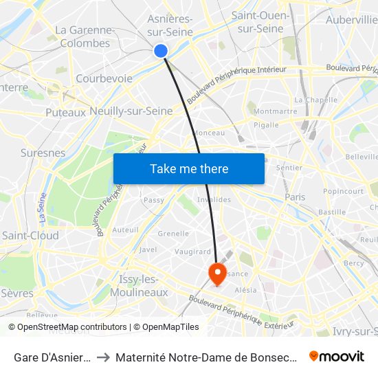 Gare D'Asnieres to Maternité Notre-Dame de Bonsecours map