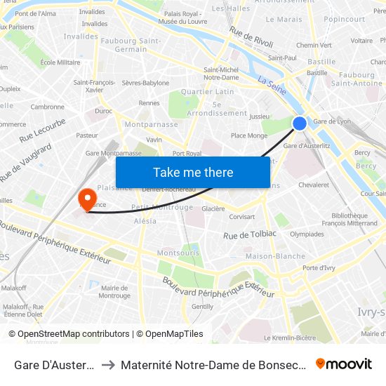Gare D'Austerlitz to Maternité Notre-Dame de Bonsecours map