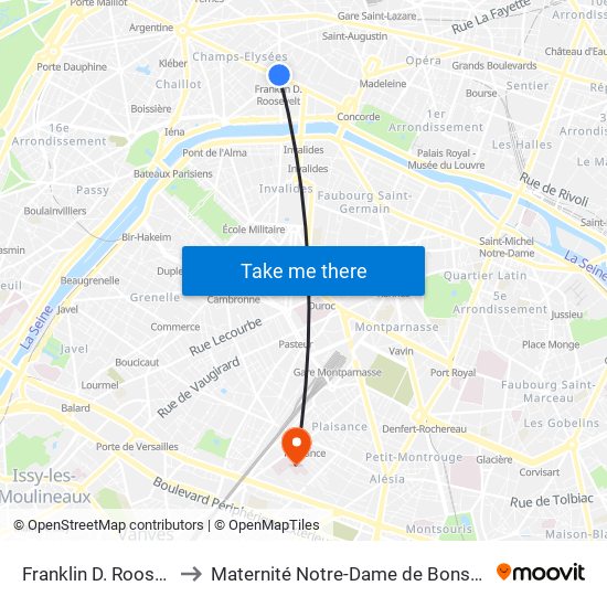 Franklin D. Roosevelt to Maternité Notre-Dame de Bonsecours map