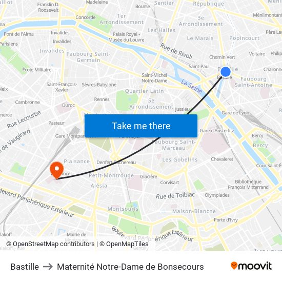 Bastille to Maternité Notre-Dame de Bonsecours map