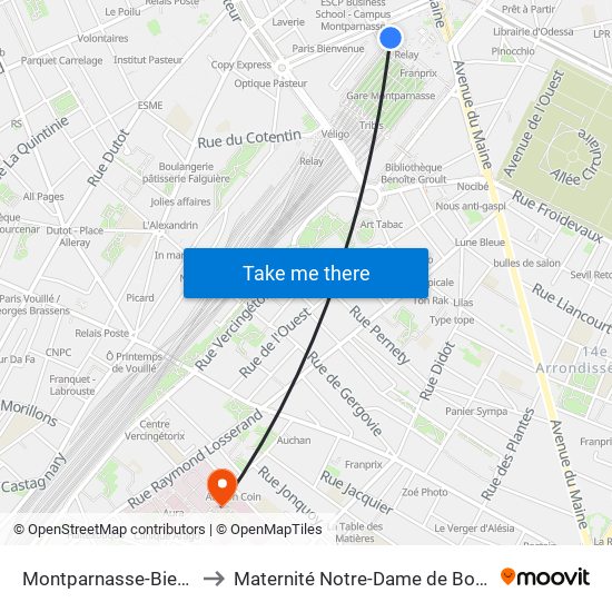 Montparnasse-Bienvenue to Maternité Notre-Dame de Bonsecours map