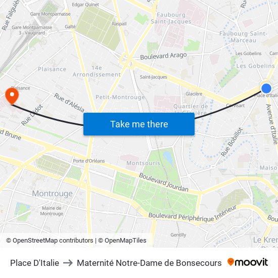 Place D'Italie to Maternité Notre-Dame de Bonsecours map