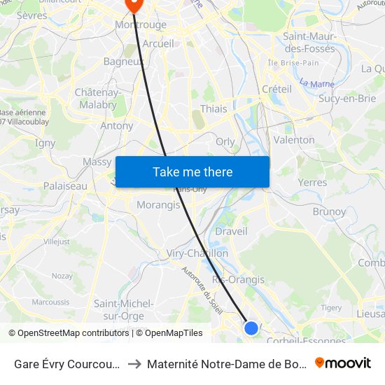 Gare Évry Courcouronnes to Maternité Notre-Dame de Bonsecours map