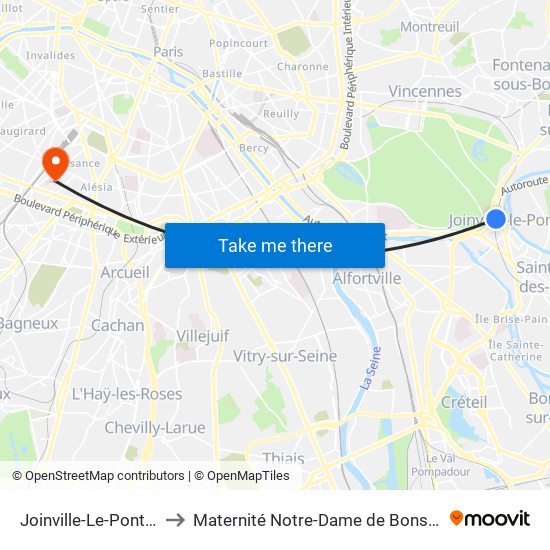 Joinville-Le-Pont RER to Maternité Notre-Dame de Bonsecours map