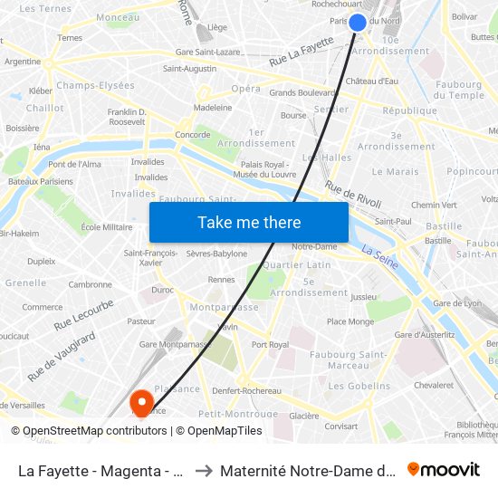 La Fayette - Magenta - Gare du Nord to Maternité Notre-Dame de Bonsecours map