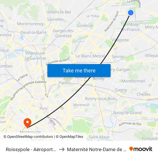 Roissypole - Aéroport Cdg1 (E2) to Maternité Notre-Dame de Bonsecours map