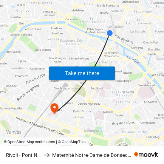 Rivoli - Pont Neuf to Maternité Notre-Dame de Bonsecours map