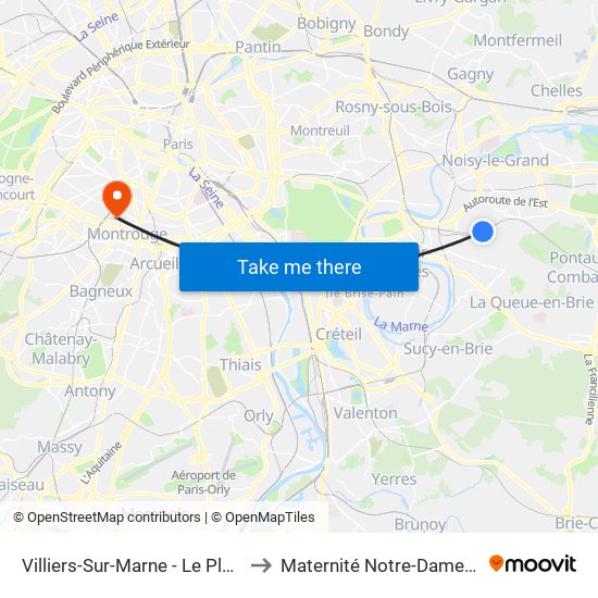 Villiers-Sur-Marne - Le Plessis-Trévise RER to Maternité Notre-Dame de Bonsecours map