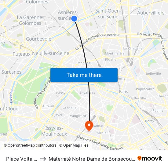 Place Voltaire to Maternité Notre-Dame de Bonsecours map