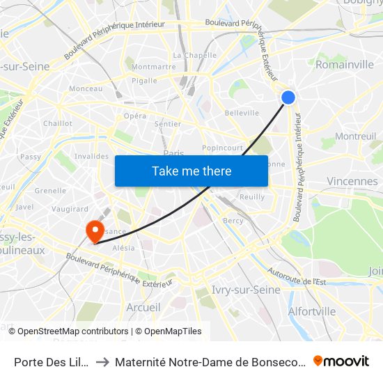 Porte Des Lilas to Maternité Notre-Dame de Bonsecours map
