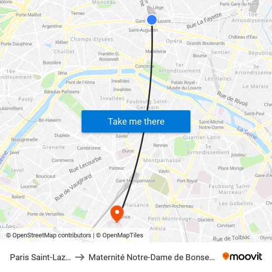 Paris Saint-Lazare to Maternité Notre-Dame de Bonsecours map
