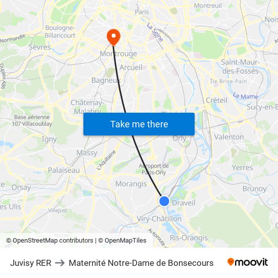 Juvisy RER to Maternité Notre-Dame de Bonsecours map