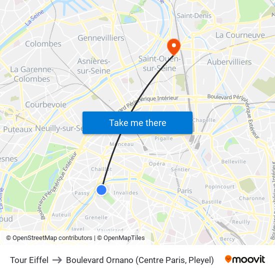 Eiffel Tower to Boulevard Ornano (Centre Paris, Pleyel) map