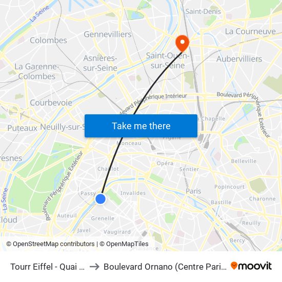 Tourr Eiffel - Quai Branly to Boulevard Ornano (Centre Paris, Pleyel) map