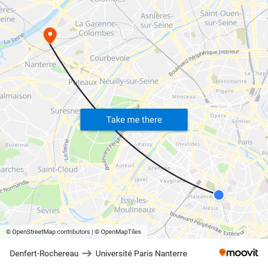 Denfert-Rochereau to Université Paris Nanterre map