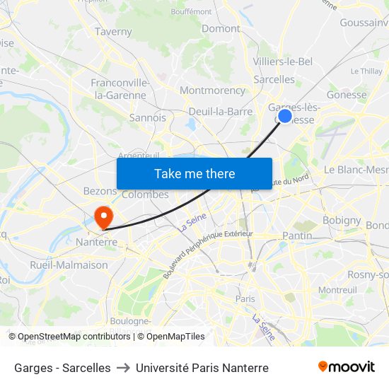 Garges - Sarcelles to Université Paris Nanterre map