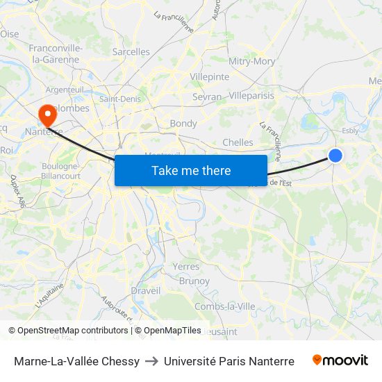 Marne-La-Vallée Chessy to Université Paris Nanterre map