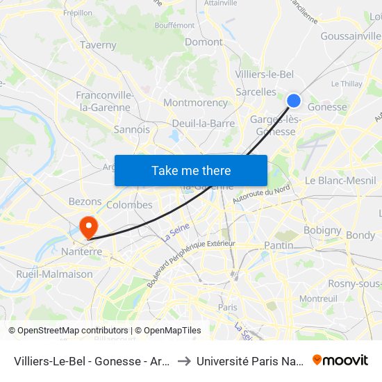 Villiers-Le-Bel - Gonesse - Arnouville to Université Paris Nanterre map