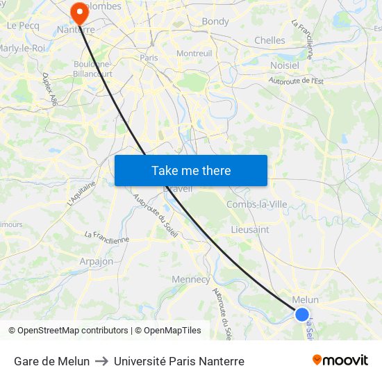 Gare de Melun to Université Paris Nanterre map