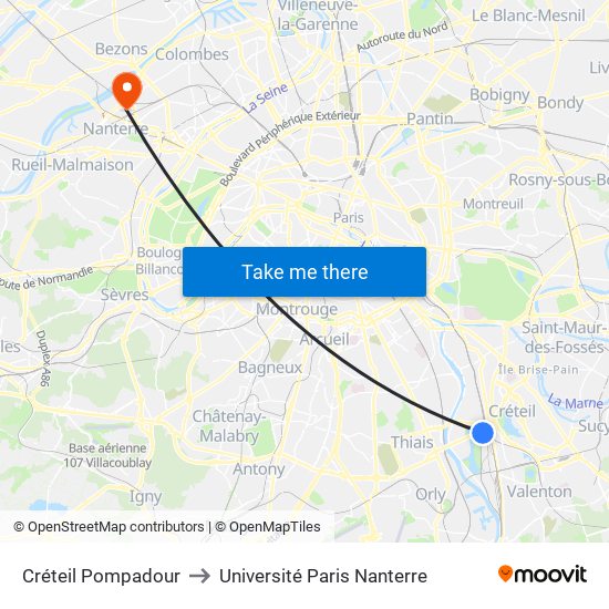Créteil Pompadour to Université Paris Nanterre map